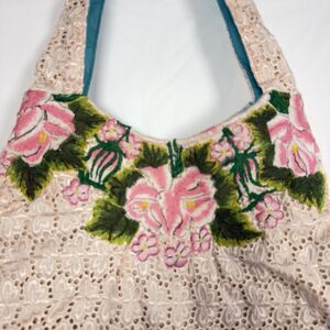 Handmade Guatemalan Cotton Eyelet Lace Floral Embroidered Boho Shoulder Bag